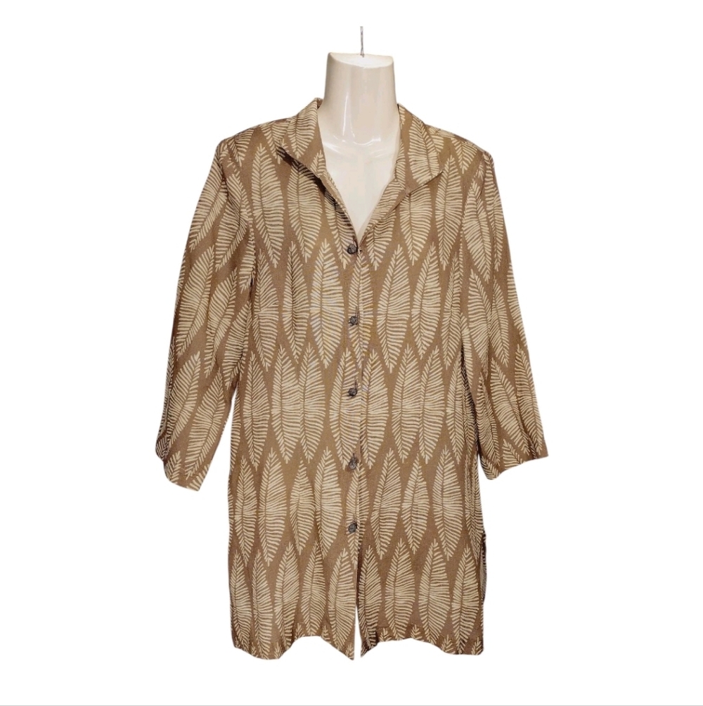 Connie Roberson Jacket Linen Leaf Print Taupe Cream Size M